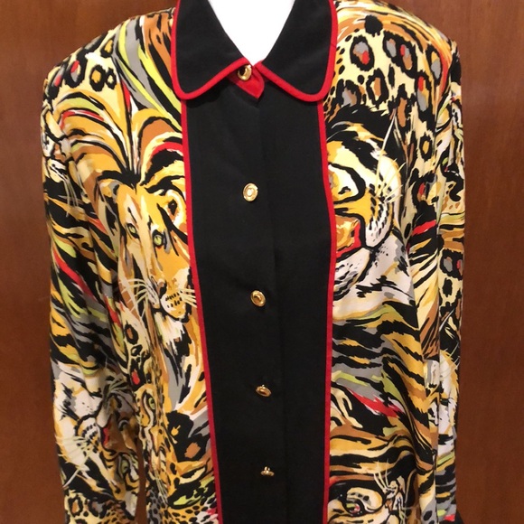Bob Mackie Wearable Art- Vintage Big Cats Animal Abstract Print Silk Blouse - Picture 3 of 13